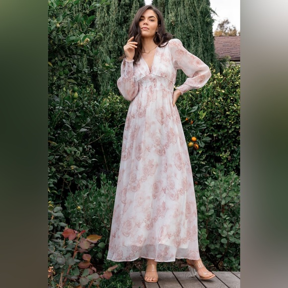 BALTIC BORN white and pink floral Olivia long sleeve maxi dress SMALL - Picture 1 of 9